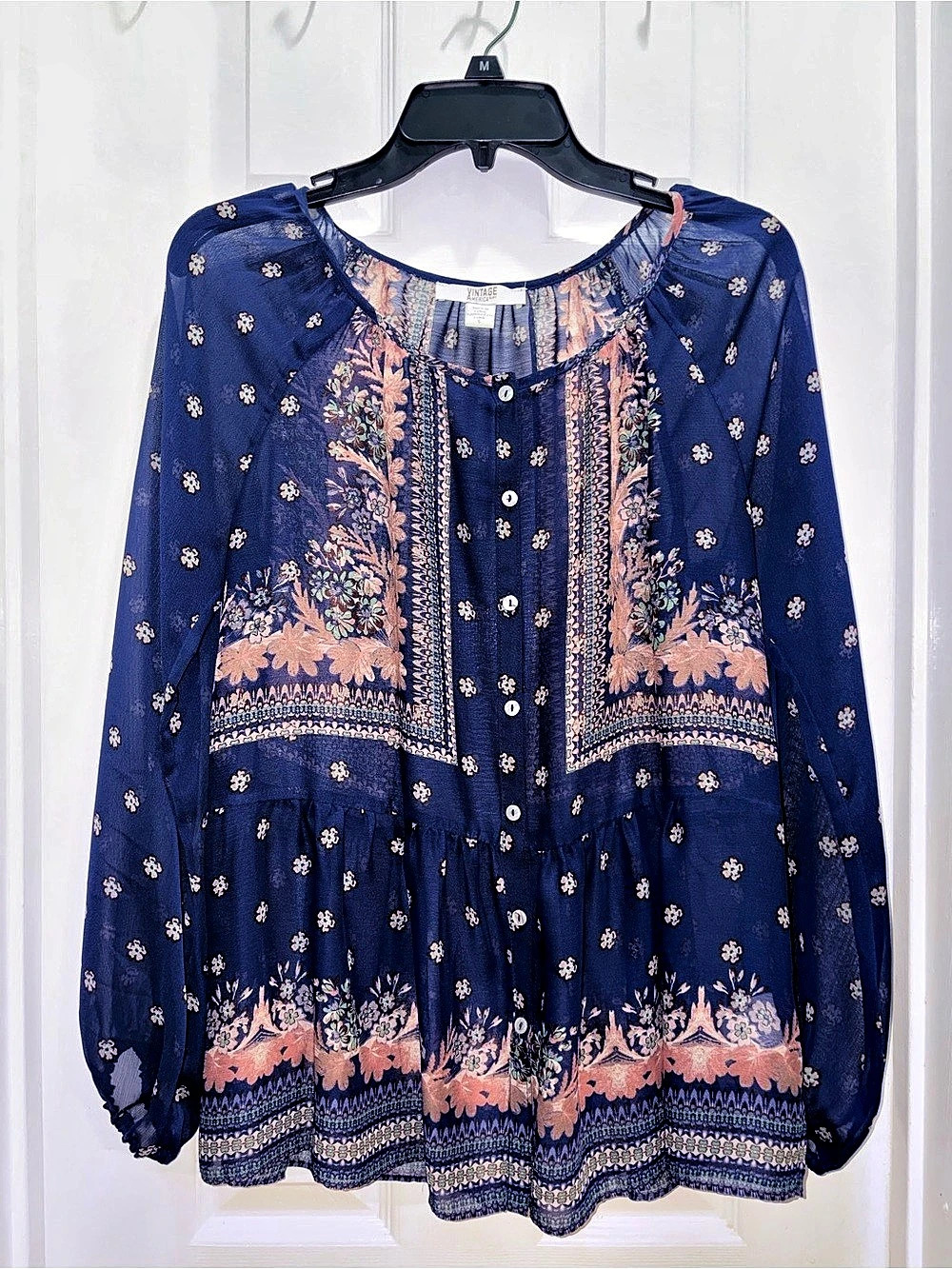 Vintage America Blues Floral Long Sleeve Blouse in Blue Size Small